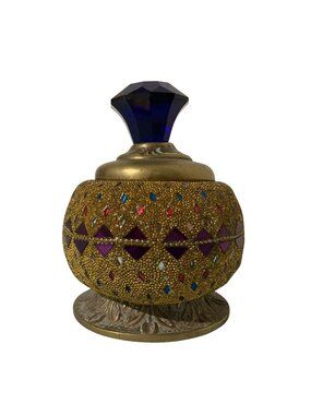 Vintage Gold And Jewel-Tone Mosaic Decorative Trinket Box With Blue Faceted Lid